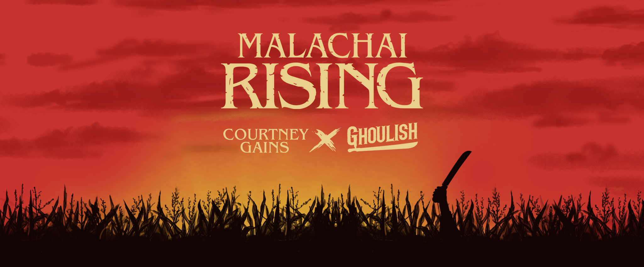 Malachai Rising artwork with a red cornfield sky and silhouetted scythe
